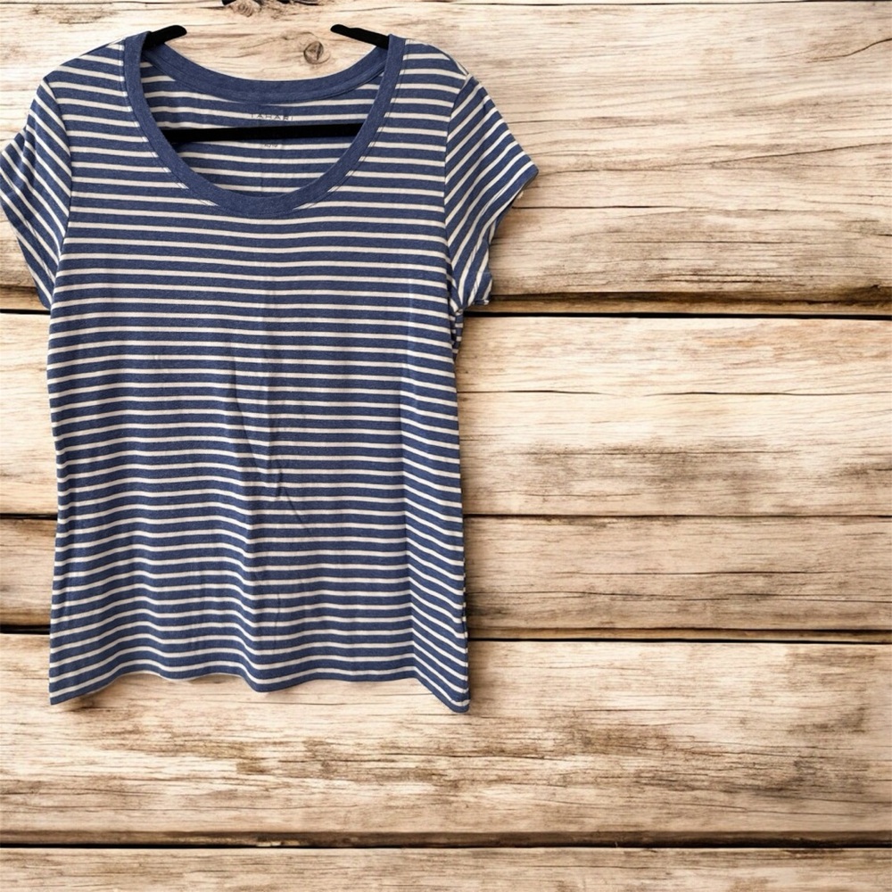 Tahari Navy and White Striped Short Sleeve Tee